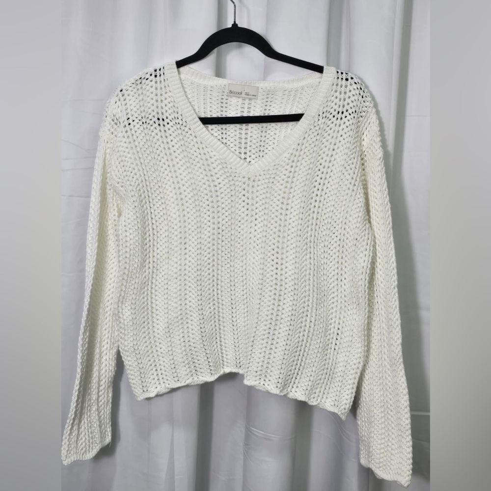 Becool Cream Open-Knit V-Neck Sweater